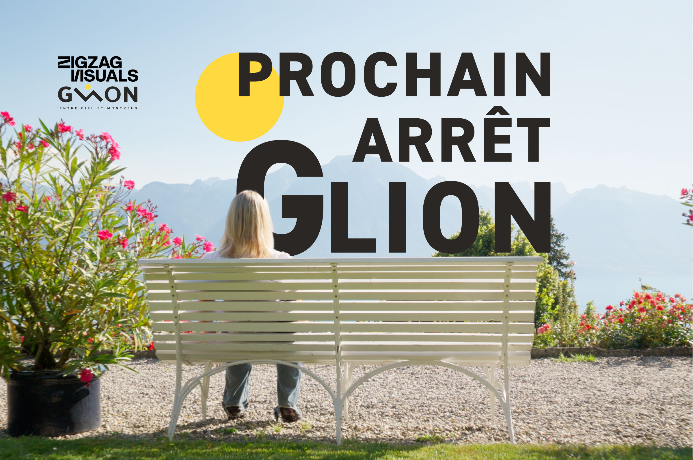 Affiche du projet Mandat Glion : une jeune femme assise sur un banc, logo ZigZag Visuals en arrière-plan.